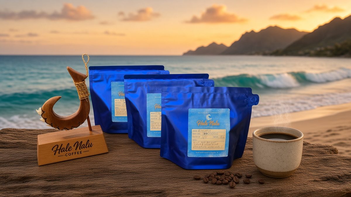 Hale Nalu Coffee bags, carved fish hook and a cup of coffee on the beach at sunrise